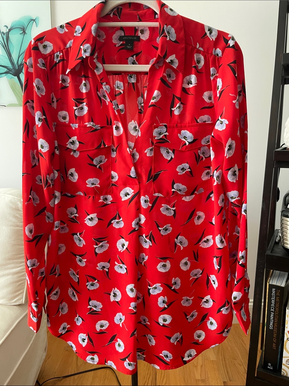 Ann Taylor Red Floral Button-Down Blouse